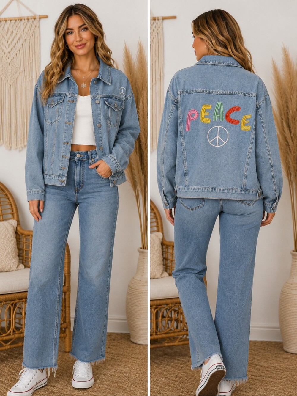 Miss Sparkling Light Blue Denim Jacket with Peace Embroidery